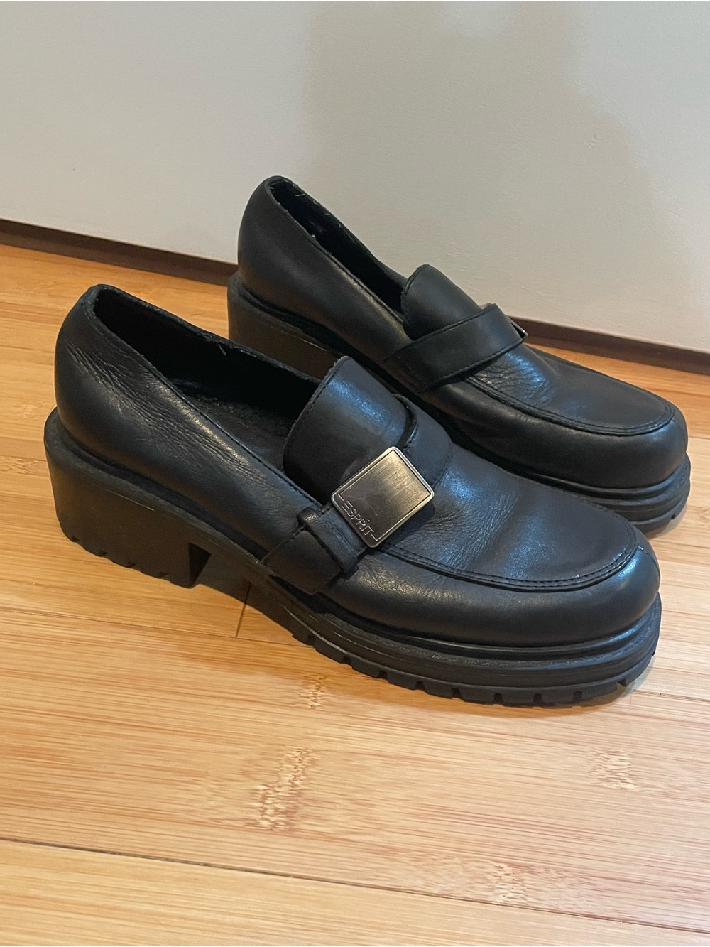 Esprit Black Leather Platform Loafers with Metal Buckle